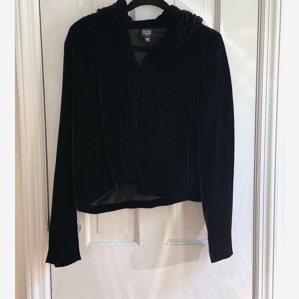 Eileen Fisher Black Silk Blend Drape Cloak Hoodie Cardigan Petite Medium PM